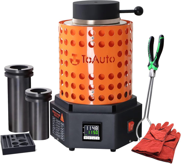 An image showing the TOAUTO TRF3000 Resistance Gold Melting Furnace with various accessories including graphite crucibles, ingot molds, tongs, and gloves. The furnace has an orange cylindrical body with a digital display, and the brand name is visible.
