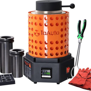 An image showing the TOAUTO TRF3000 Resistance Gold Melting Furnace with various accessories including graphite crucibles, ingot molds, tongs, and gloves. The furnace has an orange cylindrical body with a digital display, and the brand name is visible.