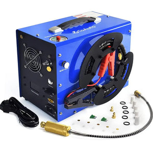 Blue jump starter with cables and connectors on a white background