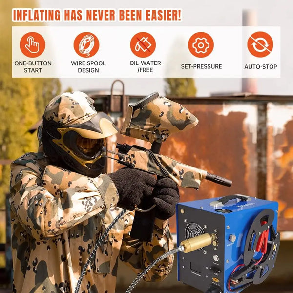 Person in camouflage gear using a hunting bow with a pressure pump, featuring text about the pump's features.