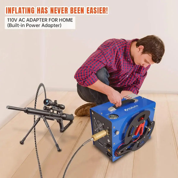 Person using a blue air compressor with text about an 110V AC adapter for home inflation.