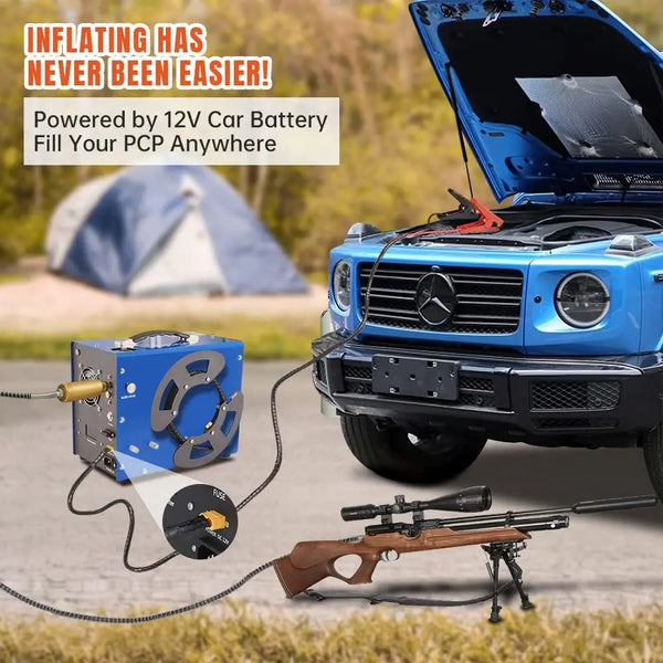 Blue car with open hood, air compressor, and PCP rifle on a camping background.