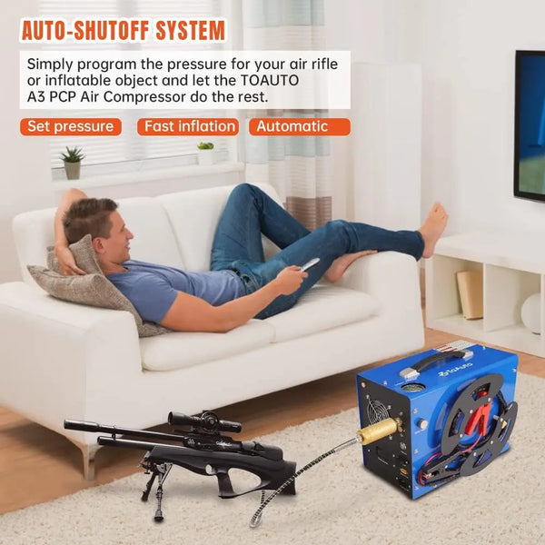 Man lying on a couch using a TOAUTO A3 PCP Air Compressor with text about auto-shutoff system.