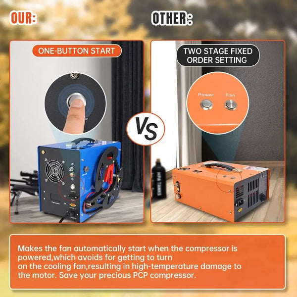 Comparison of one-button start system vs two-stage fixed order setting for a fan compressor.