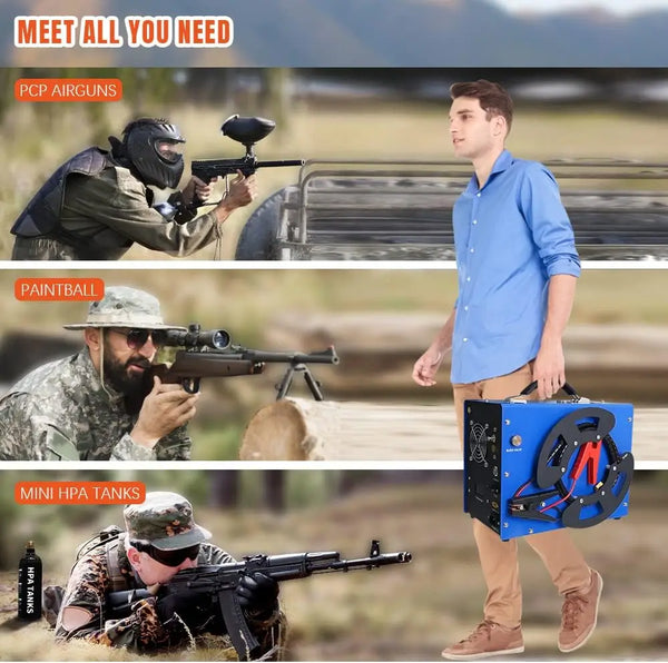 Collage of people with airguns and a person holding a blue tank, with text about PCP airguns and paintball.