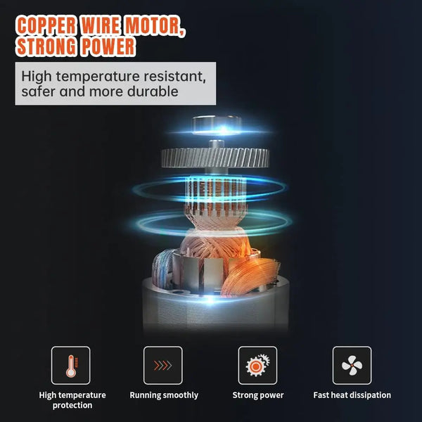 Copper wire motor with glowing elements on a dark background, highlighting features like high temperature resistance and strong power.
