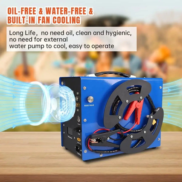 Blue mechanical device with text highlighting oil-free, water-free, and built-in fan cooling features.